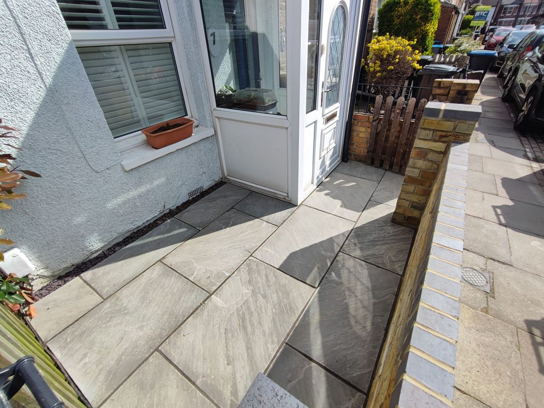 Front garden wall and Indian sandstone patio Palmers Green, North London