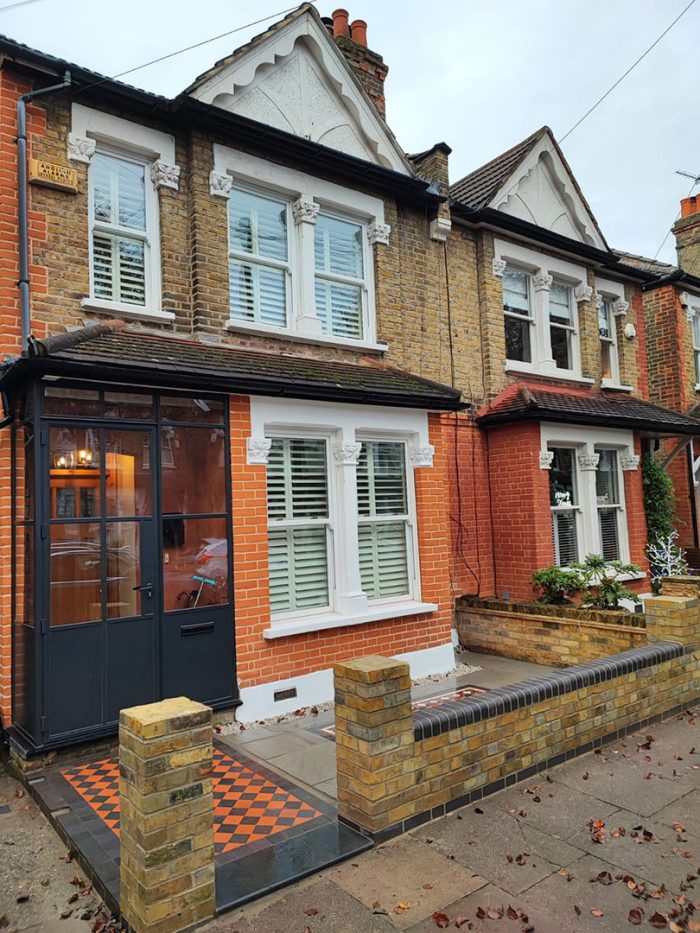Front garden wall, Victorian tile pathways and patio Winchmore Hill, North London