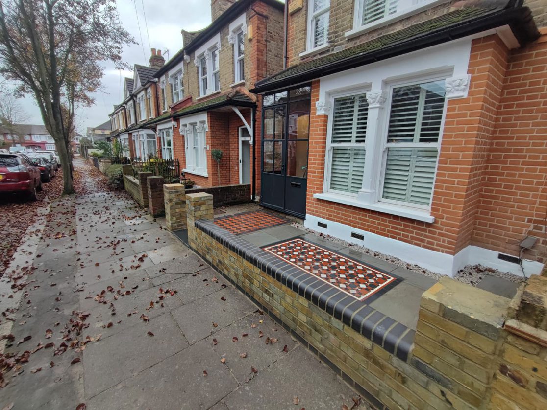 Front garden wall, Victorian tile pathways and patio Winchmore Hill, North London