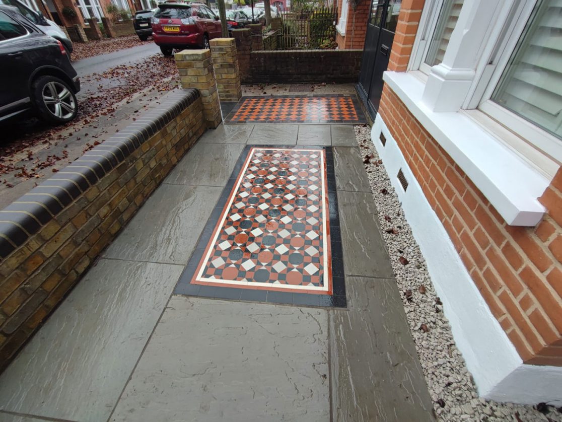 Front garden wall, Victorian tile pathways and patio Winchmore Hill, North London