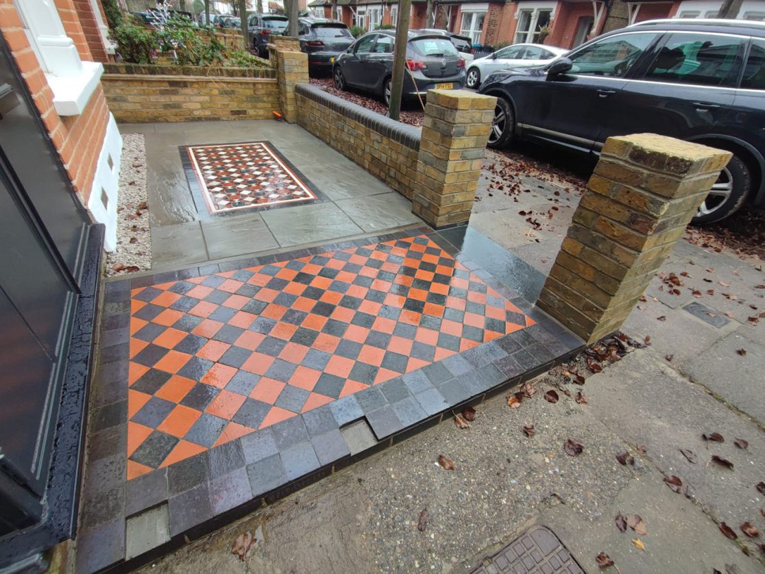 Front garden wall, Victorian tile pathways and patio Winchmore Hill, North London
