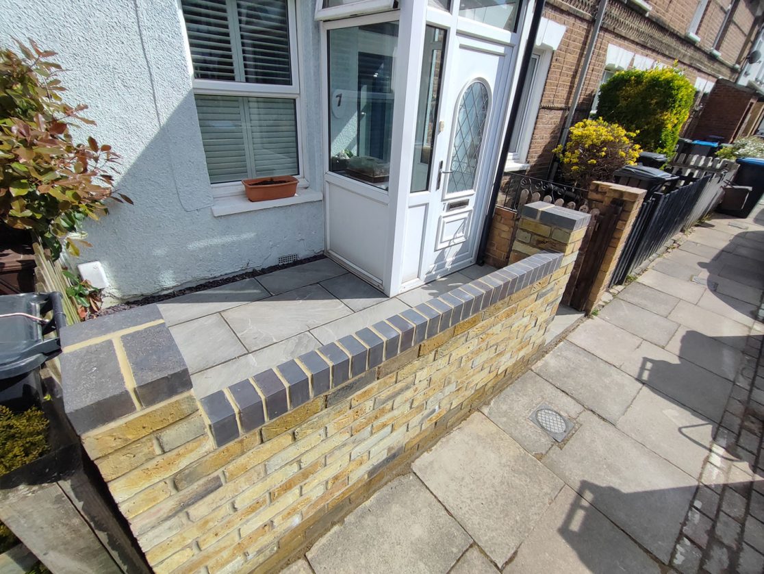 Front garden wall and Indian sandstone patio Palmers Green, North London