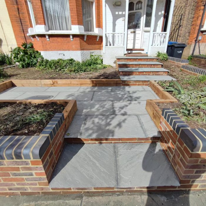 Front garden walls and Indian sandstone patio Palmers Green, North London