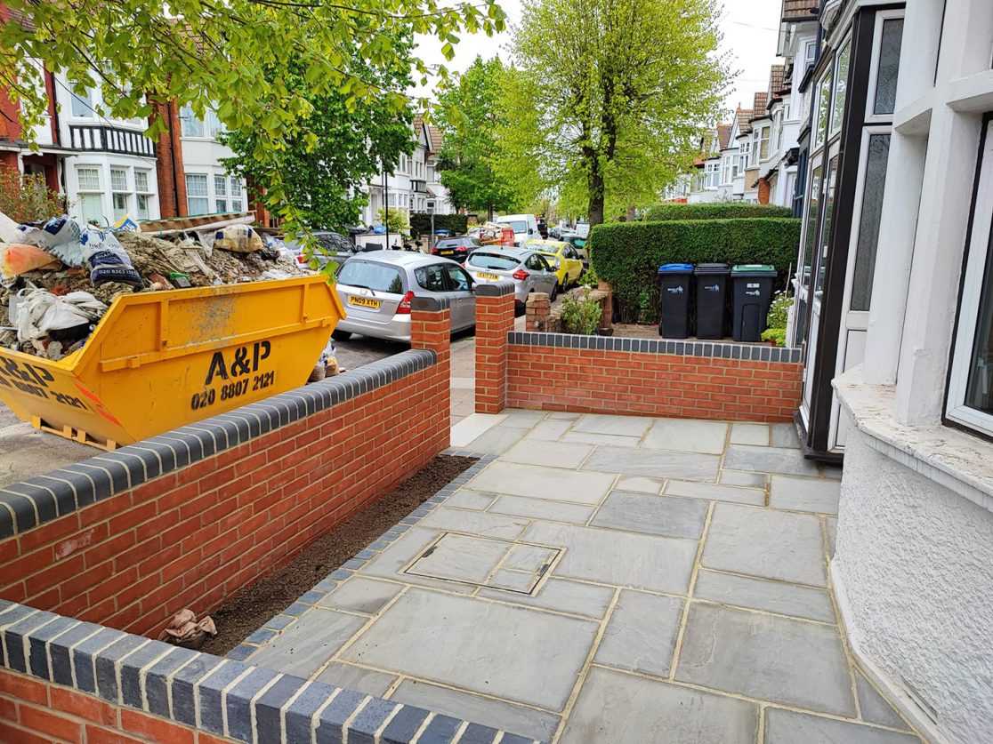 Indian Sandstone patio and brick wall Palmers Green, North London