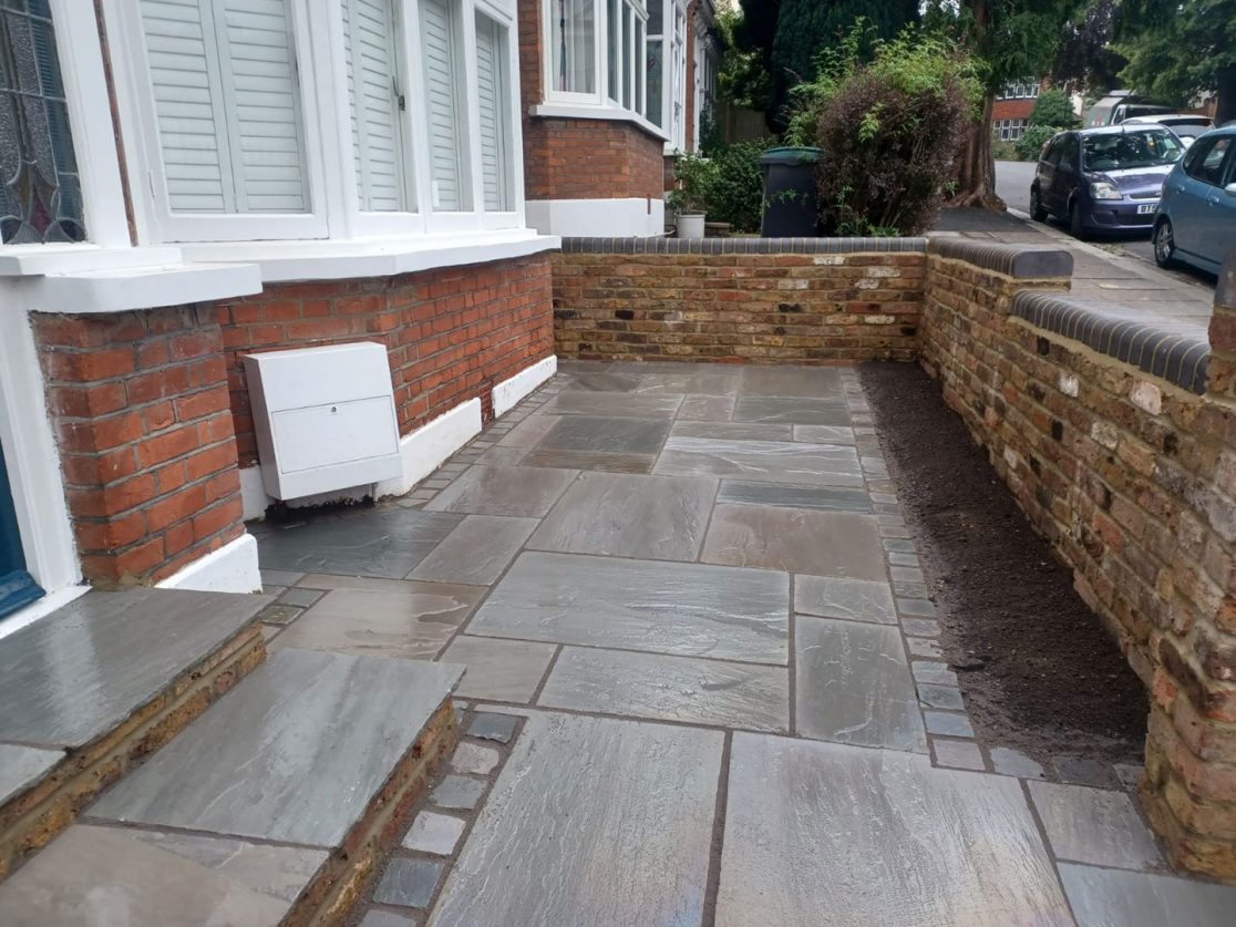 Indian Sandstone patio and brick walls Muswell Hill, North London