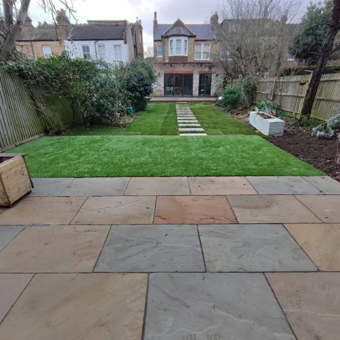 Indian sandstone patio, pathway, turfing Southgate, North London