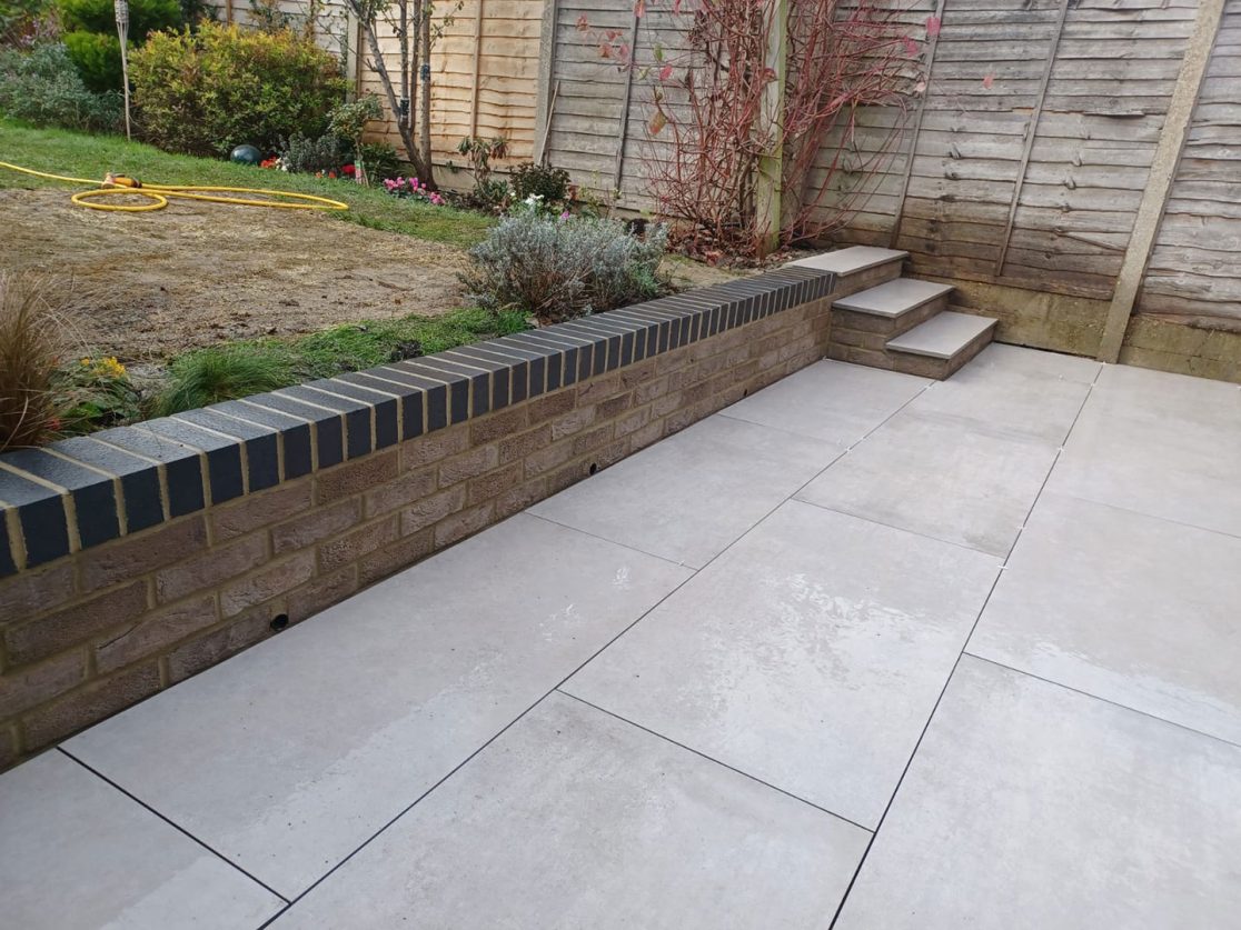 Porcelain tile patio and garden wall Southgate, North London