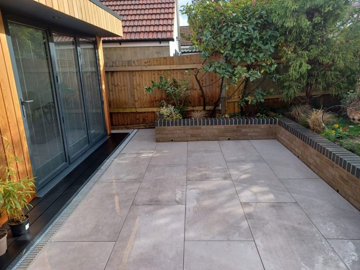 Porcelain tile patio and garden wall Southgate, North London