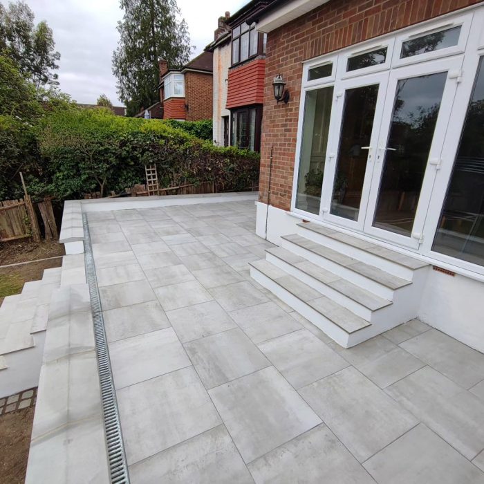 Porcelain tile patio and retaining wall Oakwood, North London