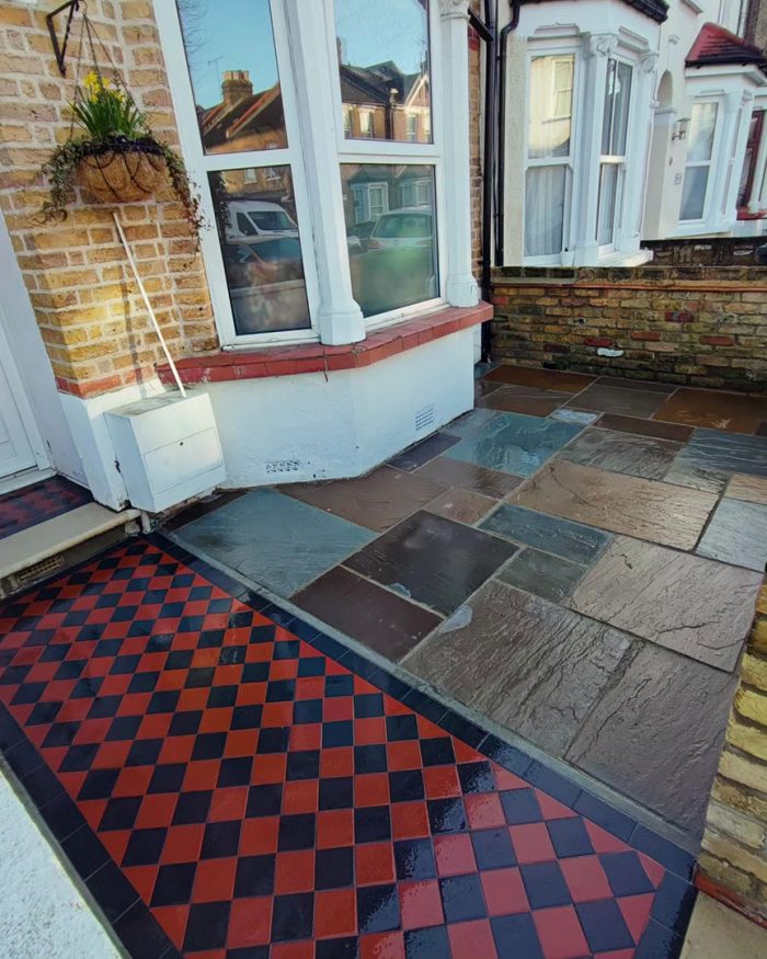 Victorian tile pathway and Indian sandstone patio Enfield, North London