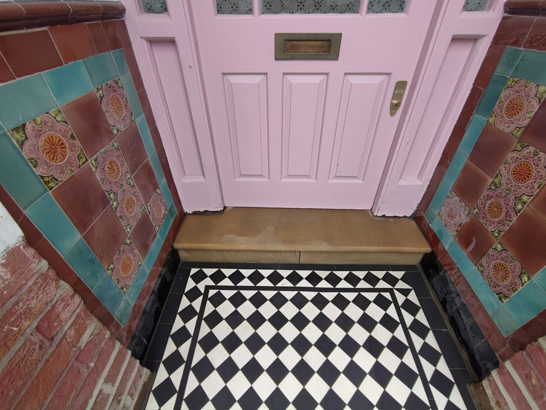 Victorian tile pathway and Yorkstone Queens Park, London