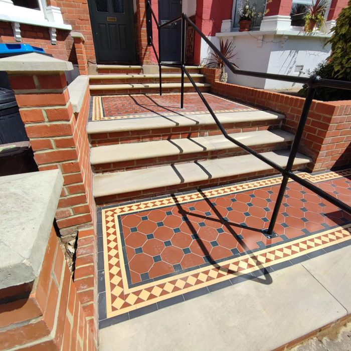 Victorian tile pathway and bullnose sandstone steps Bounds Green, North London